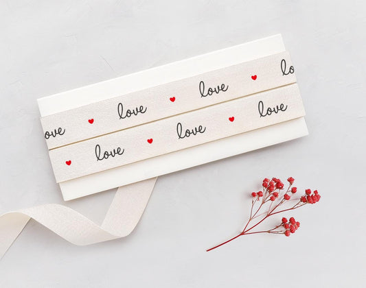Love & Hearts Printed Cotton Ribbon - 5/8” (15 mm) Romantic Gift Wrap Tape, Valentine's Day Decor Strip, Wedding Favor Label