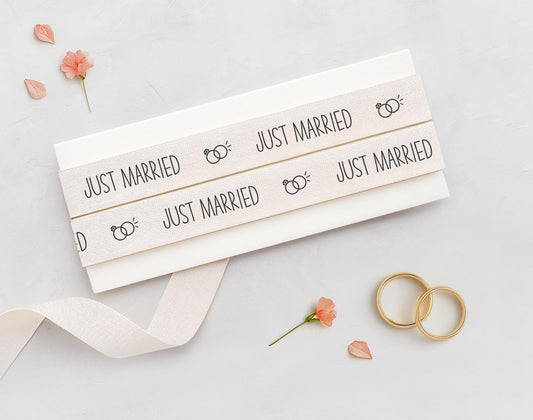 Just Married Cotton Ribbon - 5/8” (15 mm) Wedding Favor Wrap Tape, Natural Ring Print Label Strip for Gifts & Bridal Packaging