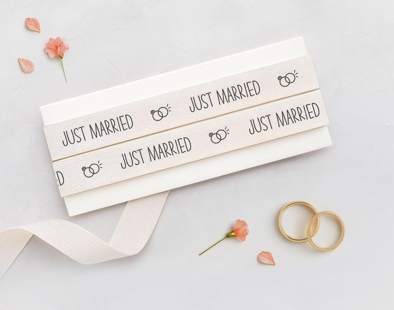 Just Married Ribbon - 5/8” (15 mm), 10 yards (9 m) Cotton Tape for Wedding Favors, Bridal Gifts Wrap, Invitation Ties, Table Decor