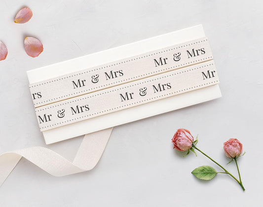 Mr & Mrs Ribbon - 5/8” (15 mm), 10 yards (9 m) Cotton Tape for Wedding Gifts, Engagement Wrap, Anniversary Packaging, Bridal Shower Decor