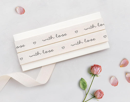 With Love & Heart Printed Cotton Ribbon - 5/8” (15 mm) Romantic Gift Wrapping Tape, Wedding Favor Ribbon, Love Themed Packaging