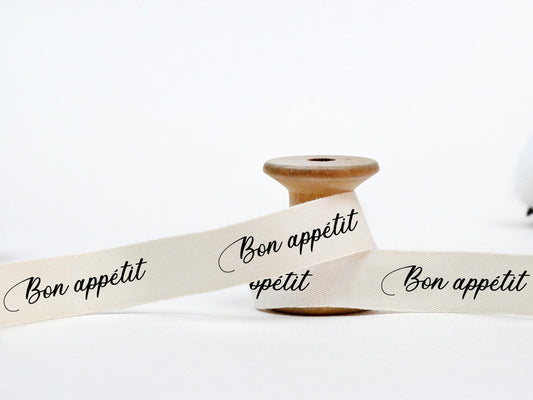 Bon Appétit Ribbon - 5/8” (15 mm), 10 yards (9 m) French Cotton Tape for Bakery Packaging, Cookies, Table Setting, Dessert Wrapping