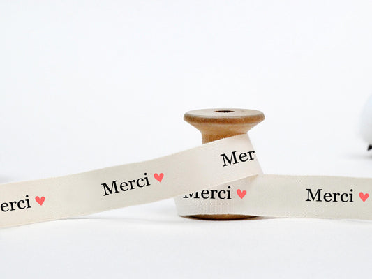Merci with Heart Cotton Ribbon - 5/8” (15 mm), 10 yards (9 m) French Thank You Tape for Wrapping, Customer Gifts, Wedding Favors