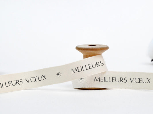 Meilleurs Voeux Ribbon - 5/8” (15 mm), 10 yards (9 m) Elegant French Cotton Tape for Holiday Gifts, Seasonal Wrapping, Festive Packaging