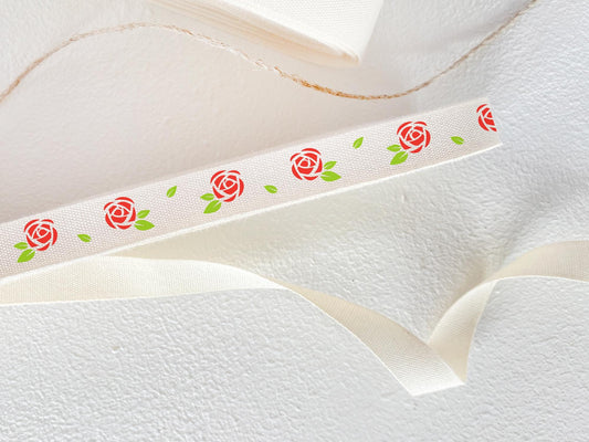 Red Rose Printed Cotton Ribbon - 3/8" (10 mm), 10 yards (9 m) Floral Twill Tape for Romantic Gift Wrapping & Crafting