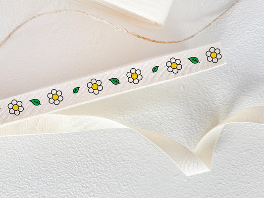 Daisy Printed Cotton Ribbon - 3/8" (10 mm), 10 yards (9 m) Spring Floral Twill Tape for Wedding & Gift Wrapping