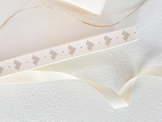 Beige Cross-Stitch Heart Cotton Ribbon - 3/8" (10 mm), 10 yards (9 m) Rustic Twill Strip for Handmade Crafts & Gift Wrapping