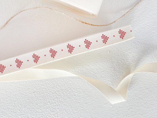 Red Cross Stitch Heart Cotton Ribbon - 3/8" (10 mm), 10 yards (9 m) Romantic Embroidery-Inspired Twill Tape for Wedding & Gift Wrapping
