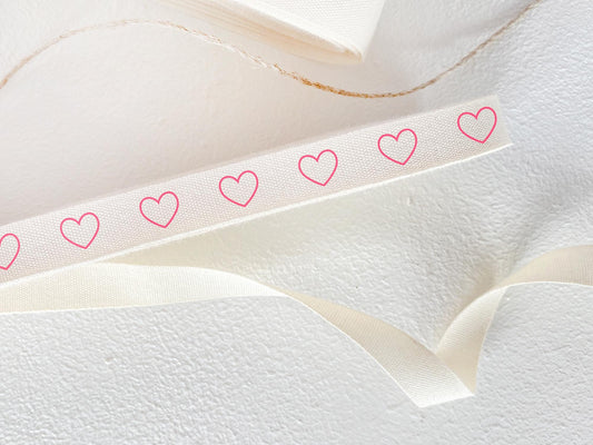 Pink Outline Heart Cotton Ribbon - 3/8" (10 mm), 10 yards (9 m) Romantic Twill Tape for Weddings, Valentine's Gifts & Handmade Packaging