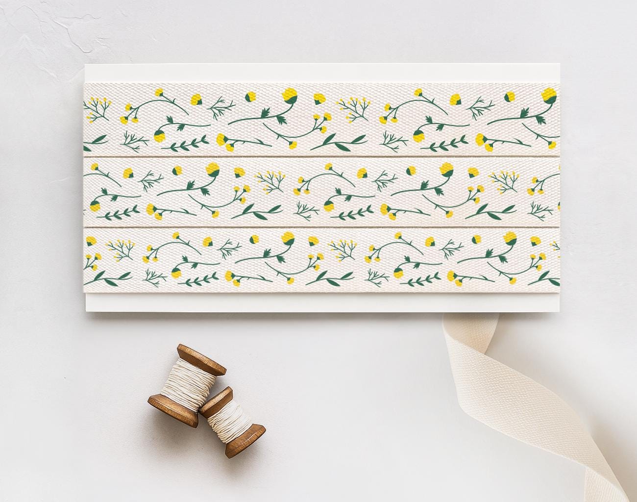 Yellow Floral Cotton Ribbon - 5/8” (15 mm), 10 yards (9 m) Bright Botanical Tape for Spring Gifts, Nature-Inspired Packaging, DIY Projects