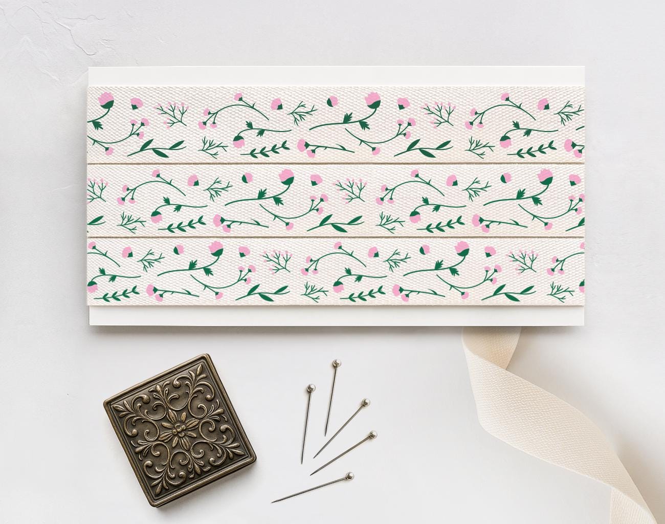 Pink Floral Cotton Ribbon - 5/8” (15 mm), 10 yards (9 m) Flower Tape for Weddings, Handmade Gifts, Bridal Shower Decor, Craft Projects