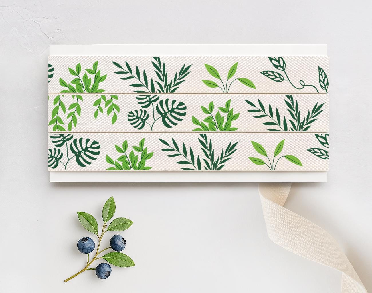 Botanical Leaves Cotton Ribbon - 5/8” (15 mm), 10 yards (9 m) Green Leaf Tape for Nature Wrapping, Eco Packaging, Gifts, Handmade Crafts