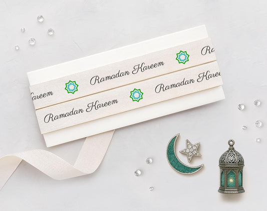 Ramadan Kareem Ribbon - 5/8” (15 mm), 10 yards (9 m) Cotton Tape for Islamic Gifts, Ramadan Table Decor, Eid Favor Packaging, Iftar Gifts