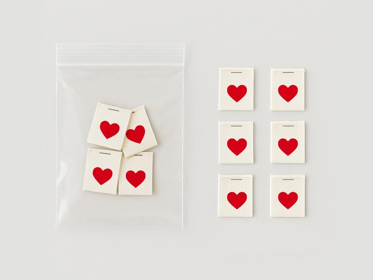 Red Heart Sewing Labels – 20 pcs Folded Cotton Tags for Wedding Gifts, Valentine’s Packaging & Handmade Women’s Items