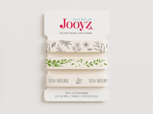 Natural Ribbon Set | 3 Pack 5/8" (15mm) Cotton – Green Leaves, 100% Natural – Eco Packaging, Soap Wrap, Handmade Goods, Organic Gift Wrap