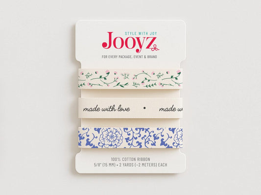 Handmade Ribbon Set | 3 Pack 5/8" (15mm) Cotton – Made With Love, Pink Floral, Porcelain Blue – Gift Wrap, Boutique Packaging