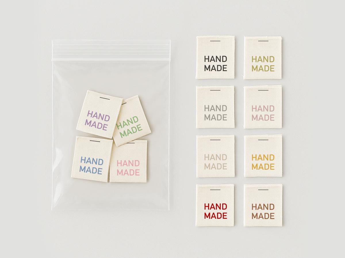 Color Handmade Sewing Labels – 20 pcs Folded Cotton Tags with Multicolor Text for Clothing, Garments, Fabric Crafts & Sewing Projects