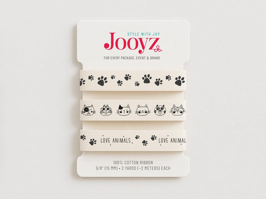 Pet Lover Ribbon Set | 3 Pack 5/8" (15mm) Cotton – Cats, Dog Paw, Love Animals – Wrapping, Packaging, Gift Baskets, Pet Shop, Animal Lovers