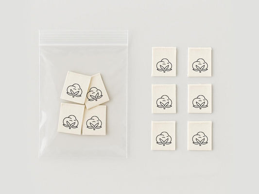Organic Cotton Boll Sewing Labels – 20 pcs Folded Tags for Babywear, Muslin Blankets, Baby Wipes, Natural Fabric Bags & Quilts