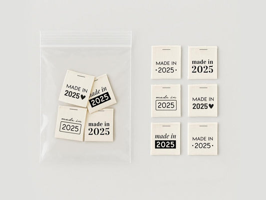 Made in 2025 Labels – 20 pcs Folded Cotton Sewing Tags with Production Year for Garment, Clothing, Home Textile & Small Business Branding