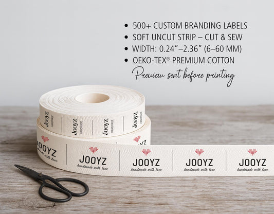 500+ Custom Sewing Labels – Logo or Name Tags on Organic Cotton Strip for Handmade Clothing, Small Business, Home Textile & Branding