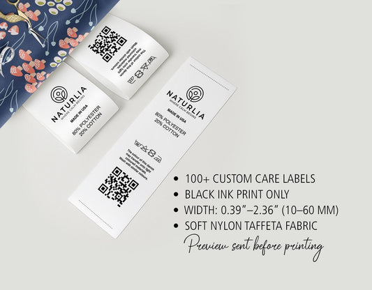 Custom Care Labels – 100+ Sew-in Clothing Tags with Logo, Brand Name & Laundry Instructions | Washable Nylon Taffeta, Black Ink Only