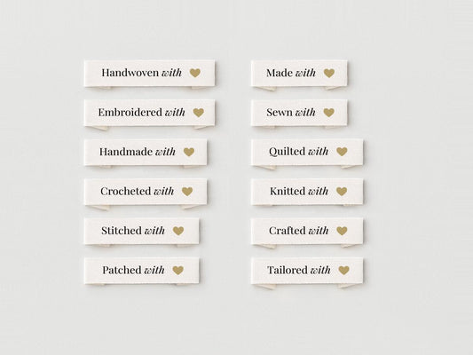 Side Fold Cotton Labels – 20 pcs 'With Love' Tags with Gold Heart for Handmade Clothing, Quilting, Sewing, Knitting & DIY Sewing Crafts