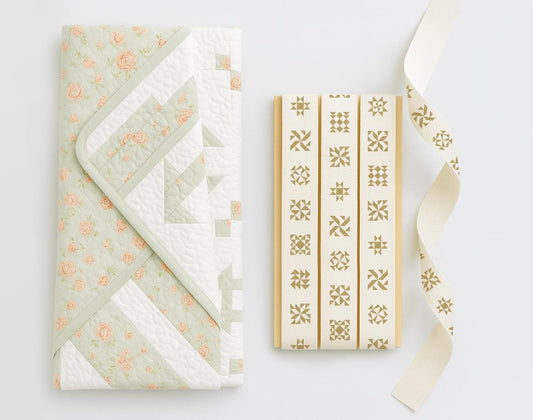 Quilt Blocks Ribbon – 3/4” (20 mm) Natural Cotton with Mat Gold Printed Block & Square Pattern for Handmade and Boutique Quilt Wrapping