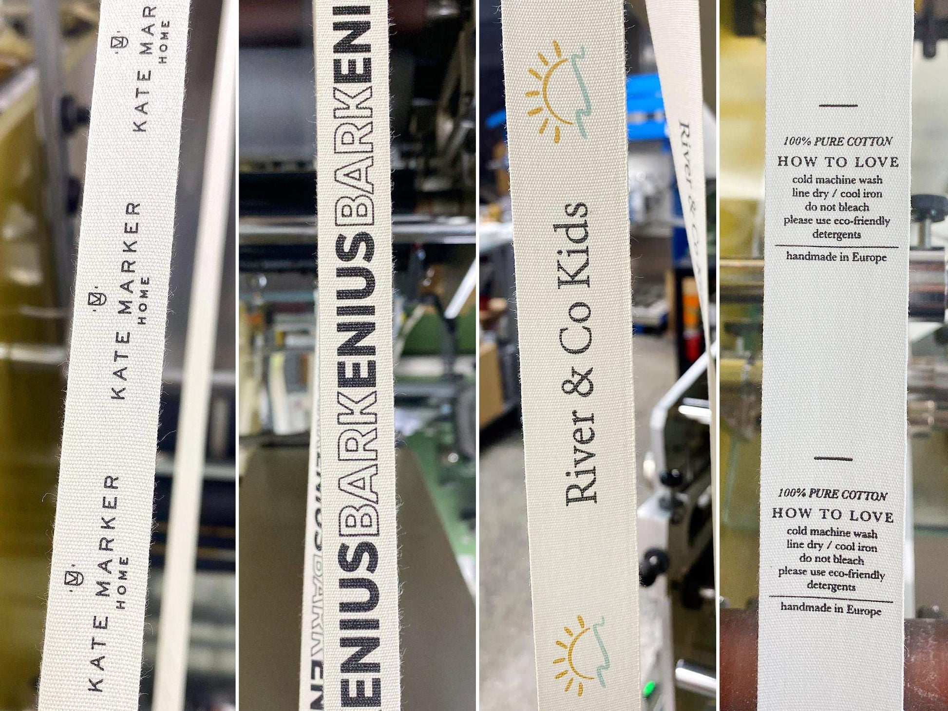 Custom cotton ribbon for branding and textile labels with logo printing, care instruction ribbon and multicolor design examples.