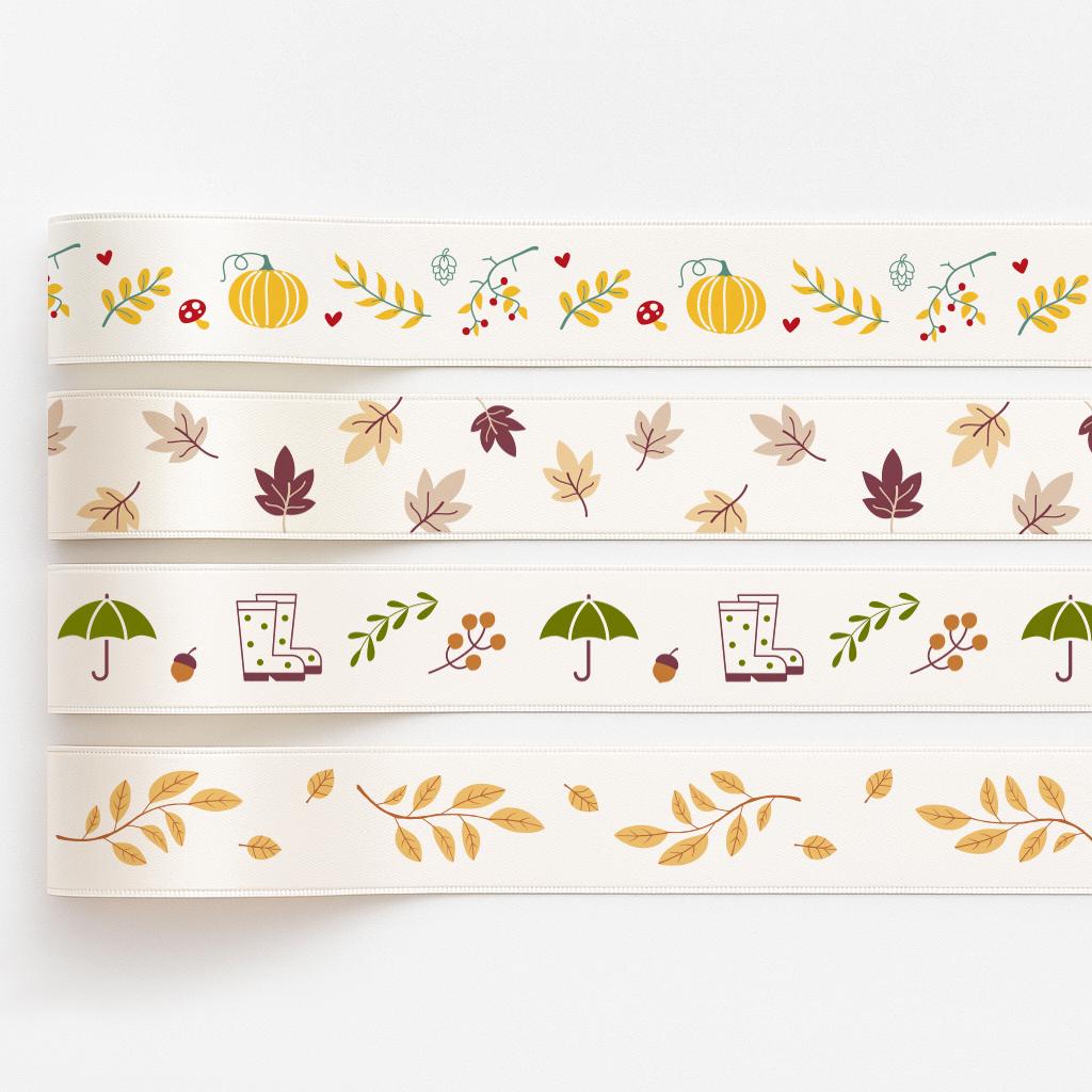 Autumn Ribbon – 3/4” (20 mm) Satin with Rain Boots, Umbrella and Fall Icons for Seasonal Gift Wrap, Wreaths, and Thanksgiving Decor