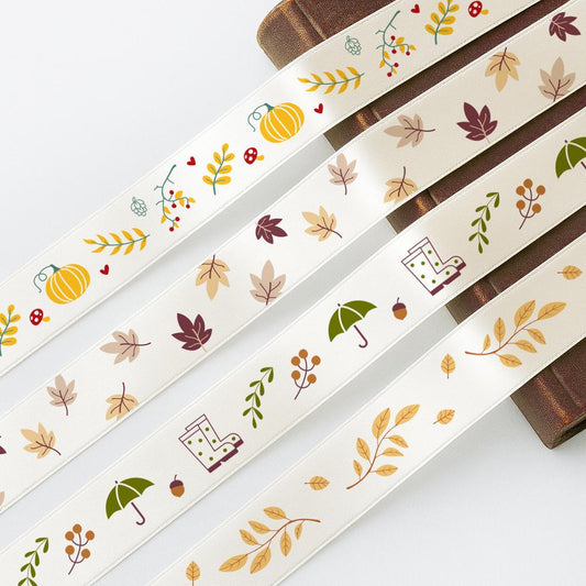 Fall Ribbon Set – 4 pcs (20 yards / 18 m Total) Satin Ribbons with Pumpkins, Leaves for Gift Wrap, Halloween Crafts & Autumn Wreaths