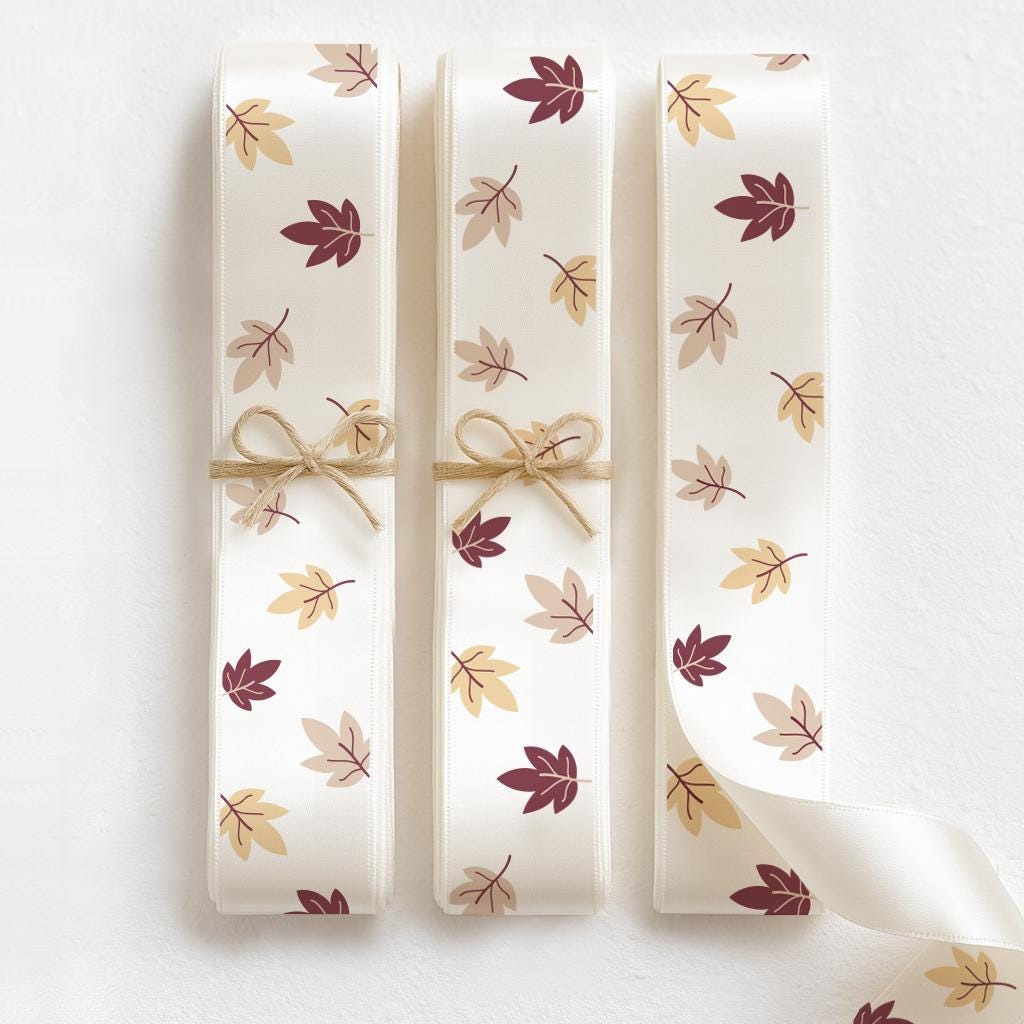 Fall Leaves Ribbon – 3/4” (20 mm) Double-Faced Satin with Autumn Leaf Pattern for Wreaths, Gift Wrap, Thanksgiving and Seasonal Decor