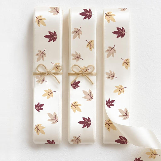 Fall Leaves Ribbon – 3/4” (20 mm) Double-Faced Satin with Autumn Leaf Pattern for Wreaths, Gift Wrap, Thanksgiving and Seasonal Decor