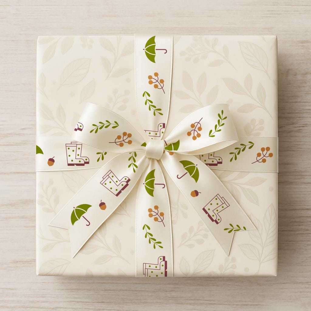 Autumn Ribbon – 3/4” (20 mm) Satin with Rain Boots, Umbrella and Fall Icons for Seasonal Gift Wrap, Wreaths, and Thanksgiving Decor