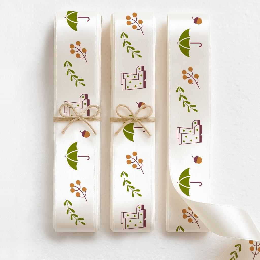 Autumn Ribbon – 3/4” (20 mm) Satin with Rain Boots, Umbrella and Fall Icons for Seasonal Gift Wrap, Wreaths, and Thanksgiving Decor