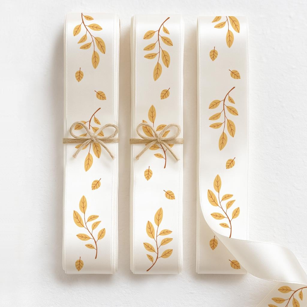 Fall Ribbon with Branches – 3/4” (20 mm) Satin with Golden Leaf Design for Rustic Wreaths, Thanksgiving Table Decor, and Seasonal Gift Wrap