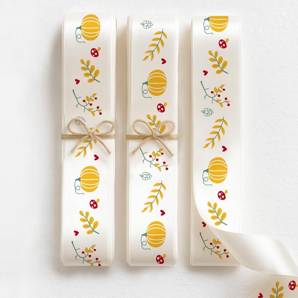 Fall Ribbon Set – 4 pcs (20 yards / 18 m Total) Satin Ribbons with Pumpkins, Leaves for Gift Wrap, Halloween Crafts & Autumn Wreaths