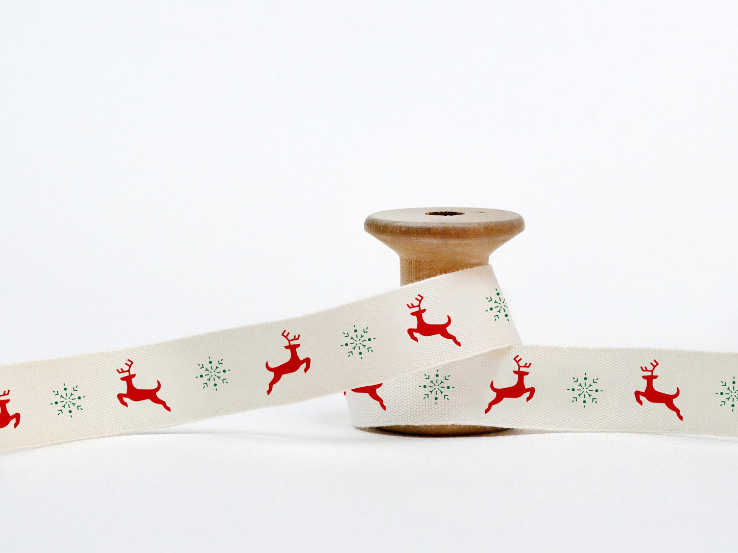 Reindeer Print Ribbon - 5/8” (15 mm), 10 yards (9 m) Cotton Christmas Tape for Gift Wrap, Snowflakes, New Year Candles, Holiday Favors