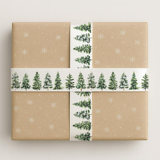 Snowy Pine Trees Christmas Ribbon – 1" (25 mm) White Satin Ribbon, 10 Yards (9 m) for New Year Gift Wrapping, Holiday Crafts & Winter Decor