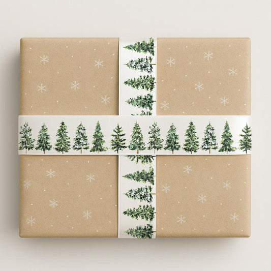 Snowy Pine Trees Christmas Ribbon – 1" (25 mm) White Satin Ribbon, 10 Yards (9 m) for New Year Gift Wrapping, Holiday Crafts & Winter Decor