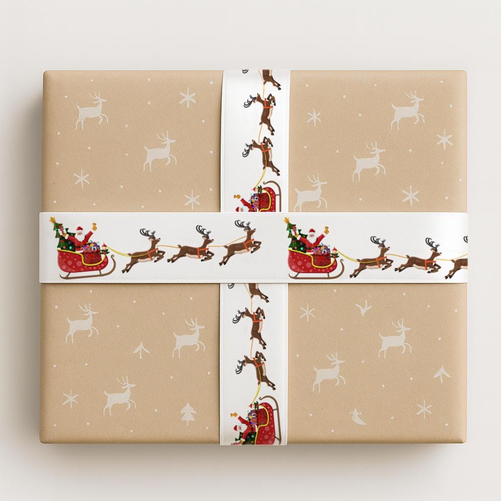 Santa Sleigh Christmas Ribbon – 1" (25 mm) White Satin Ribbon, 10 Yards (9 m) Reindeer Print for New Year Gift Wrap & Holiday Decoration