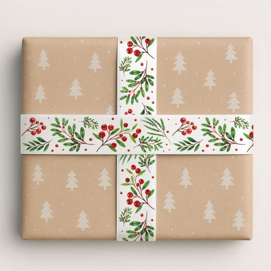 Holly Berry Christmas Ribbon – 1" (25 mm) White Satin Ribbon, 10 Yards (9 m) with Leaves & Branches for New Year Gift Wrap and Holiday Decor