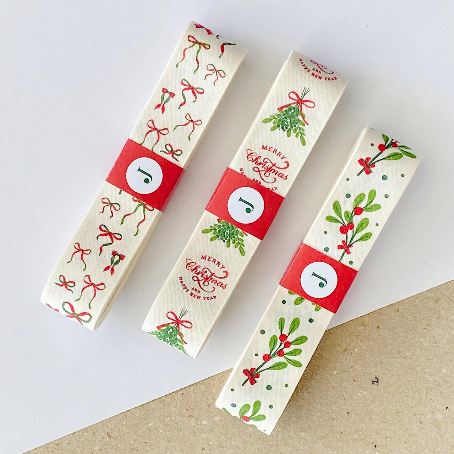 Christmas Ribbon Set – 3 pcs, 1" (25 mm) Premium Cotton Ribbons, Merry Christmas & Mistletoe Print for Gift Bows, Holiday Wrapping, New Year