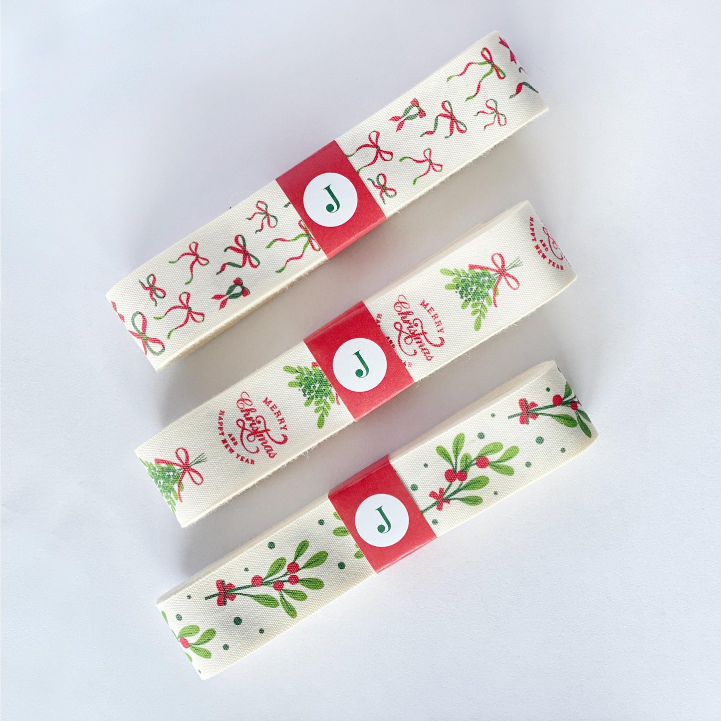 Merry Christmas Ribbon – 1" (25 mm) Cotton Mistletoe Print Ribbon, 10 Yards (9 m) Red Green Script Lettering, Holly Berry Gift Wrap
