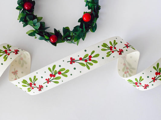 Holly & Berry Leaves Ribbon – 1" (25 mm) Cotton Christmas Tape, 10 Yards (9 m) Red Green Holiday Branches, Winter Gift Wrap, New Year Decor
