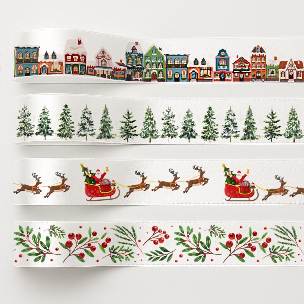 Santa Sleigh Christmas Ribbon – 1" (25 mm) White Satin Ribbon, 10 Yards (9 m) Reindeer Print for New Year Gift Wrap & Holiday Decoration