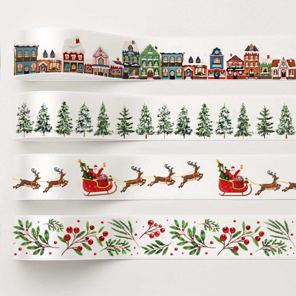 Holiday Village Christmas Ribbon – 1" (25 mm) White Satin Ribbon, 10 Yards (9 m) for Gift Wrapping, Holiday Crafts & Festive Decorations