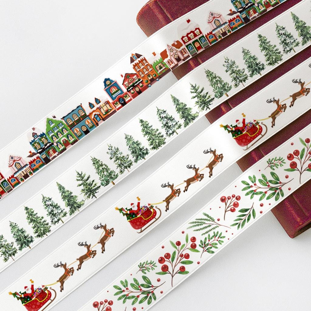Holly Berry Christmas Ribbon – 1" (25 mm) White Satin Ribbon, 10 Yards (9 m) with Leaves & Branches for New Year Gift Wrap and Holiday Decor
