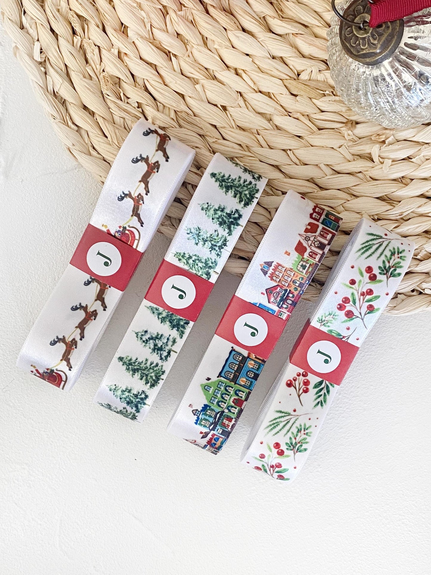 Christmas Ribbon Set – 4 pcs, 1" (25 mm) New Year Satin Ribbons, Village, Pine Trees, Santa Sleigh, Holly & Berry Prints for Gift Wrap Bows