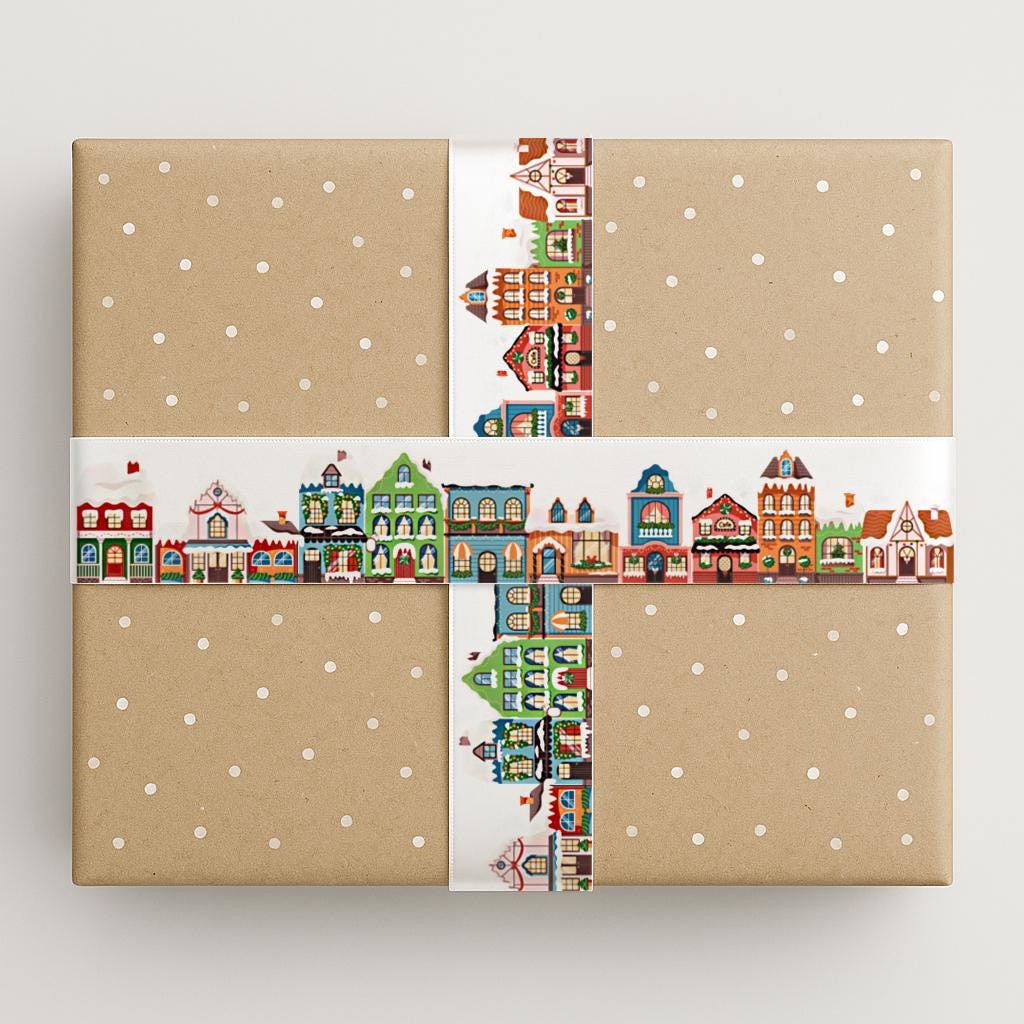 Holiday Village Christmas Ribbon – 1" (25 mm) White Satin Ribbon, 10 Yards (9 m) for Gift Wrapping, Holiday Crafts & Festive Decorations